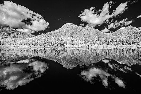 Canada-Alberta-Kananaskis Provincial Park Black and white of clouds reflected in Lorette Ponds